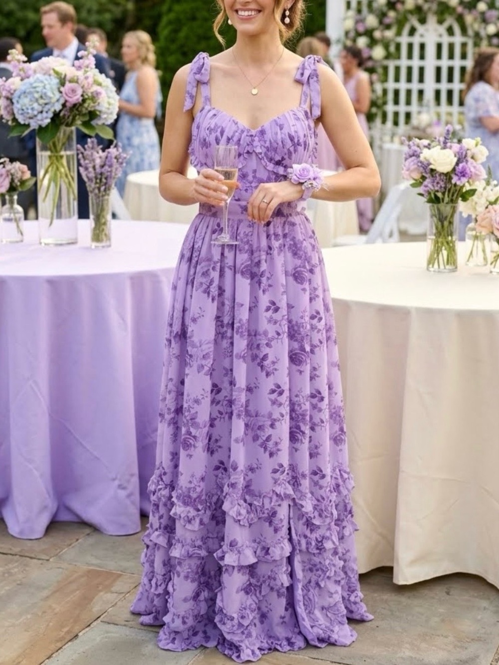 Lavender Floral Tie-Shoulder Maxi Dress